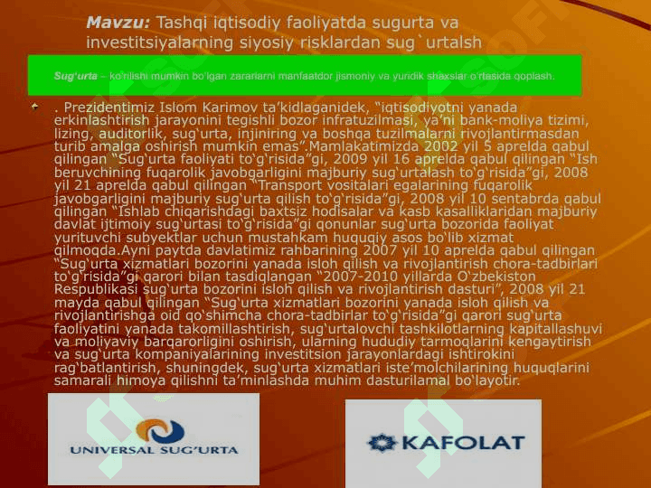 Tashqi iqtisodiy faoliyatda sugurta va investitsiyalarning siyosiy risklardan sug`urtalsh 2