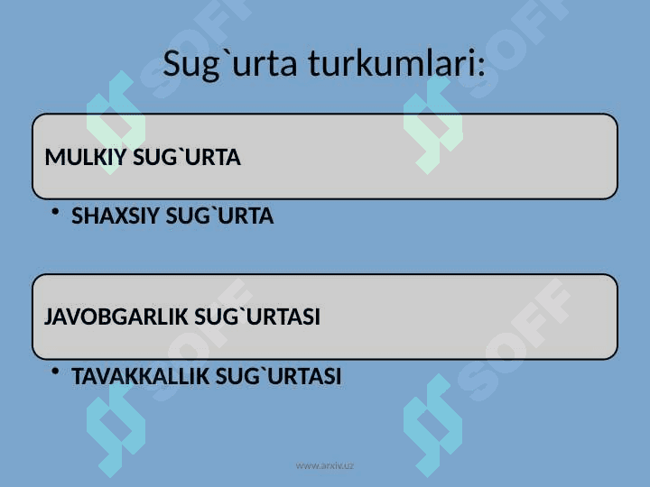 Sug`urta obyektlari va ularning turlari  bo`yicha guruhlanishining umumiy asoslari 6