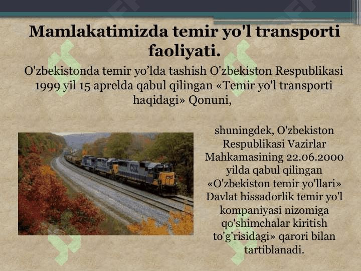Turizmda temir yo'l xizmatlarini tashkil etish 2
