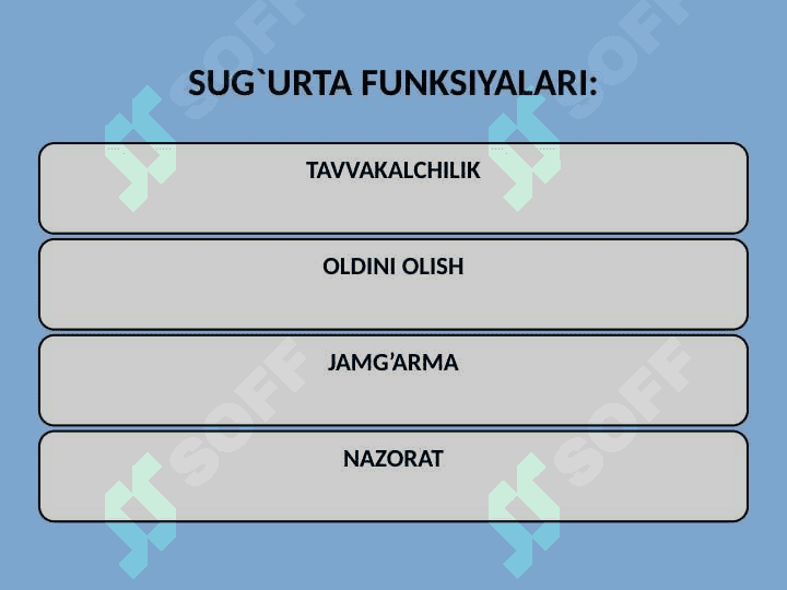 Sug`urta obyektlari va ularning turlari  bo`yicha guruhlanishining umumiy asoslari 5