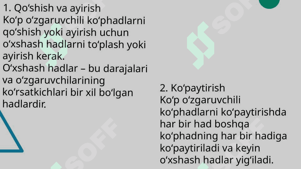 Koʻp  oʻzgaruvchili koʻphadlar ustida amallar 3