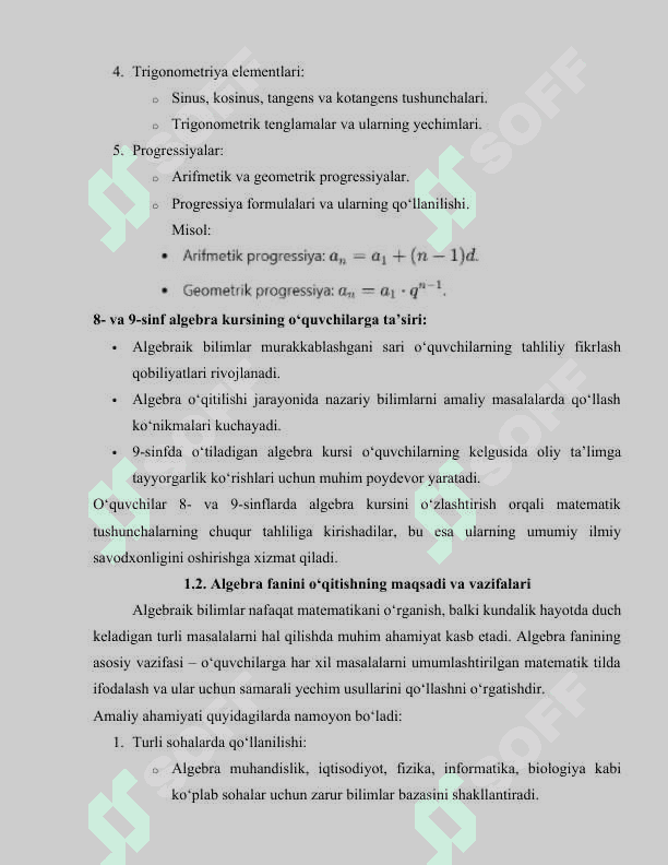 7-8-9 sinflarda algebra o‘qitish ning maqsadi, vazifasi va mazmuni. Shu sinflarda algebra kursini o‘qitishning metodik xususiyatlari 6