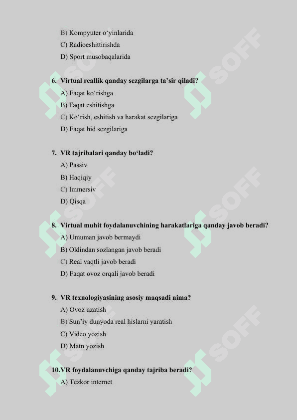 Virtual reallik texnologiyasi boʻyicha 30 ta test savollari javoblari bilan 2
