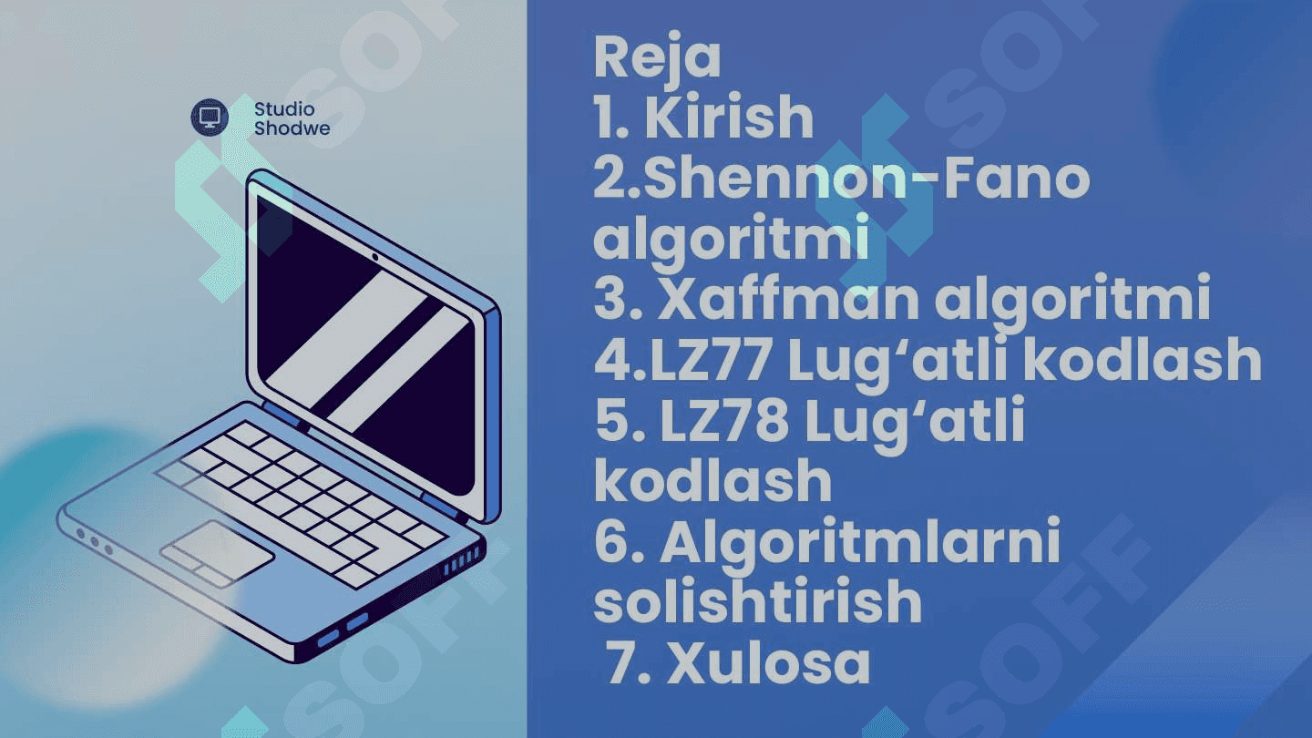 Shennon-Fano, Xaffman siqish algoritmlari. Lug'atli kodlash usullari (LZ77, LZ78) 2
