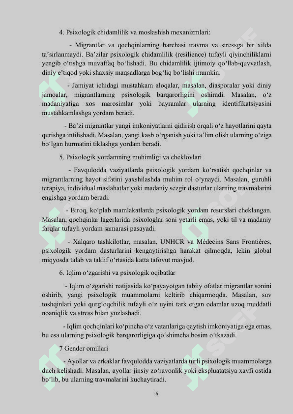 Mavzu: “Favqulotda vaziaytlarda migrantlar va qochqinlar psixalogiyasi” kurs ishi 6