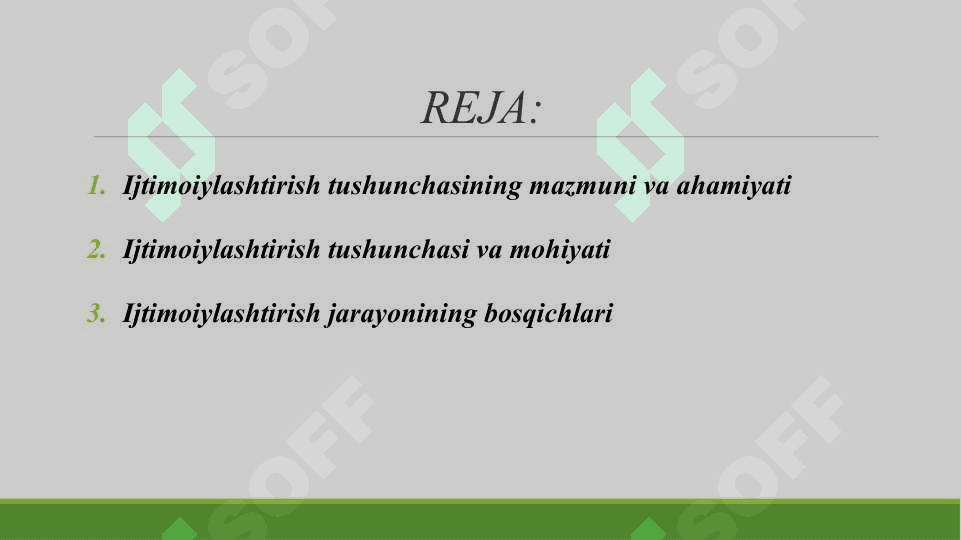 IJTIMOIYLASHTIRISH IJTIMOIY XULQ ATVOR MEYORLARNI UZLASHTIRISH QABUL QILISH VA RIOYA QILISHGA RAXBARLIK. DAM OLISH VAQTLARI BAYRAMLAR TASHKIL ETISHNI TEXNOLOGIYALARI 2