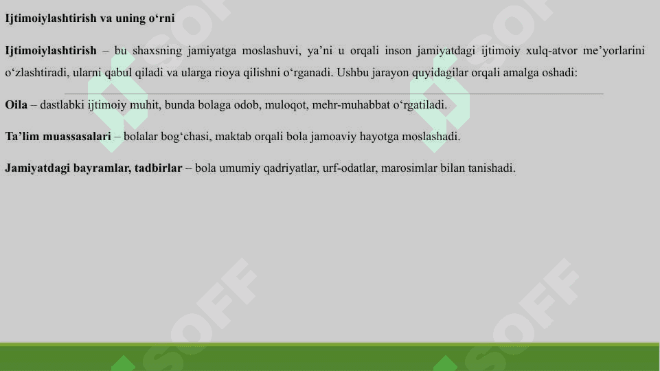 IJTIMOIYLASHTIRISH IJTIMOIY XULQ ATVOR MEYORLARNI UZLASHTIRISH QABUL QILISH VA RIOYA QILISHGA RAXBARLIK. DAM OLISH VAQTLARI BAYRAMLAR TASHKIL ETISHNI TEXNOLOGIYALARI 3