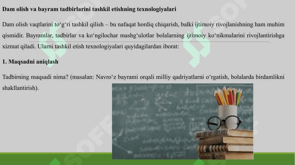 IJTIMOIYLASHTIRISH IJTIMOIY XULQ ATVOR MEYORLARNI UZLASHTIRISH QABUL QILISH VA RIOYA QILISHGA RAXBARLIK. DAM OLISH VAQTLARI BAYRAMLAR TASHKIL ETISHNI TEXNOLOGIYALARI 4
