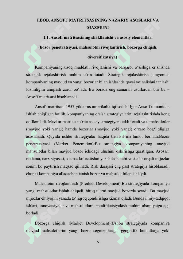 KOMPANIYANING O'SISH STRATEGIYASINI ANIQLASH UCHUN ANSOFF MATRITSASINI QO'LLASH. 5