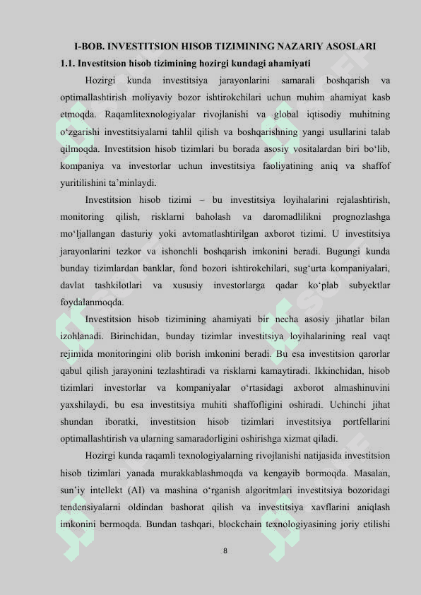 Investitsion hisob tizimini ishlab chiqish va loyihalash 6