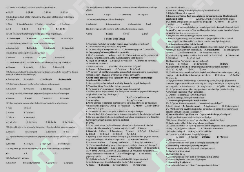 7-sinf O'zbekiston tarixi mavzulashtirilgan testlar to'plami 3