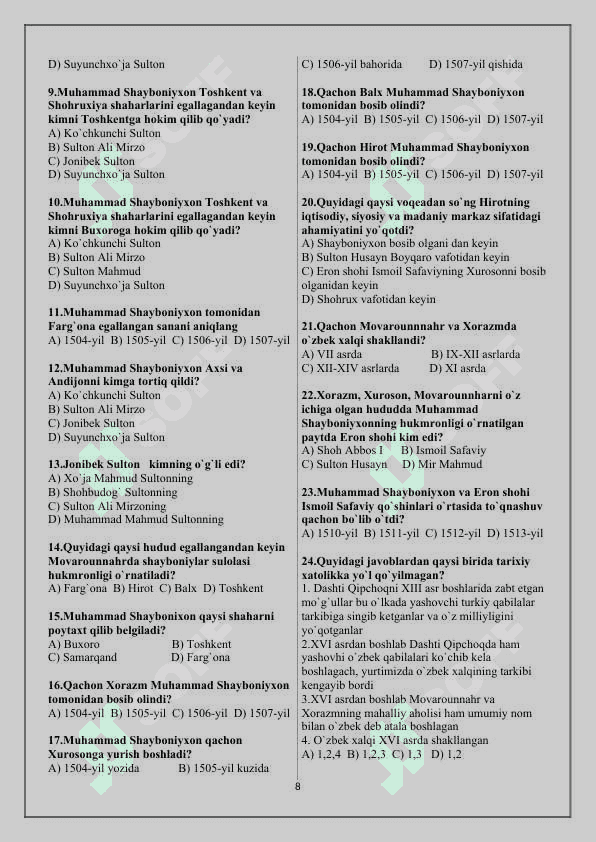 8-sinf O'zbekiston tarixi mavzulashtirilgan testlar 8