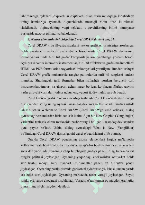 Kompyuter texnologiyalari yordamida bino va inshootlarni bezashda ishlatiladigan o‘simliksimon naqshlarni chizish usullari. Kompyuter texnologiyalari yordamida bino va inshootlarni bezashda ishlatiladigan geometrik (Girix) naqshlarini chizish usullari. Kompyuter texnologiyalari yordamida bino va inshootlarni bezashda ishlatiladigan geometrik (Girix) naqshlarni bo‘yash usullari. 3