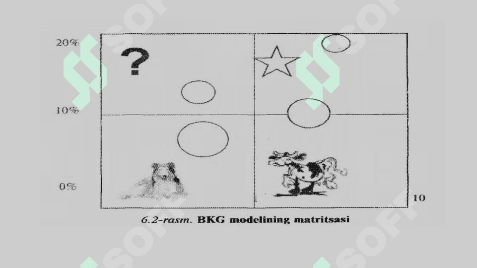 Bozor ulushi va o‘sish sur’atini taqqoslash: Boston konsalting guruhi (BKG) modeli. 6