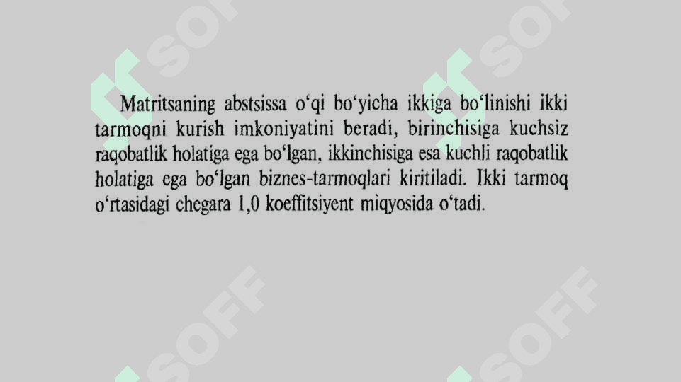 Bozor ulushi va o‘sish sur’atini taqqoslash: Boston konsalting guruhi (BKG) modeli. 8