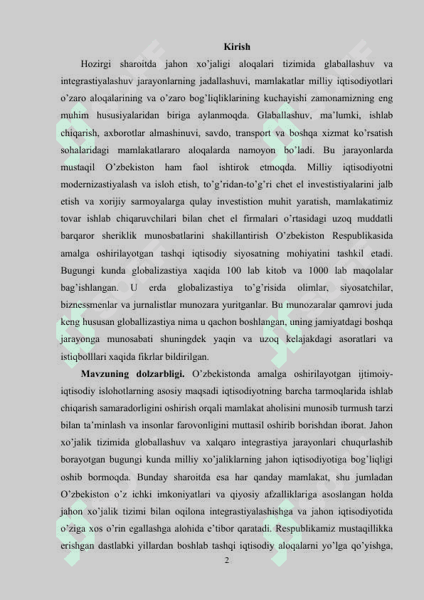 Global jarayonlarning o'zbekiston iqtisodiyotiga ta'siri va natijalari 2