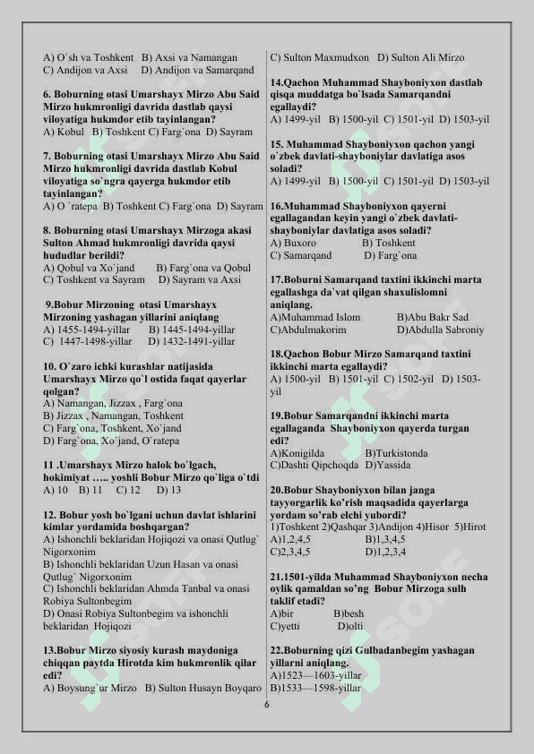 8-sinf O'zbekiston tarixi fanidan mavzulashtirilgan test savollari. 2019-yil nashr asosida 6