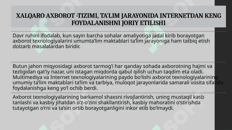 XALQARO AXBOROT -TIZIMI, TA'LIM JARAYONIDA INTERNETDAN KENG FOYDALANISHNI JORIY ETILISHI 2