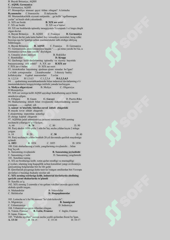 9-sinf Jahon tarixi test savollari to'plami 3