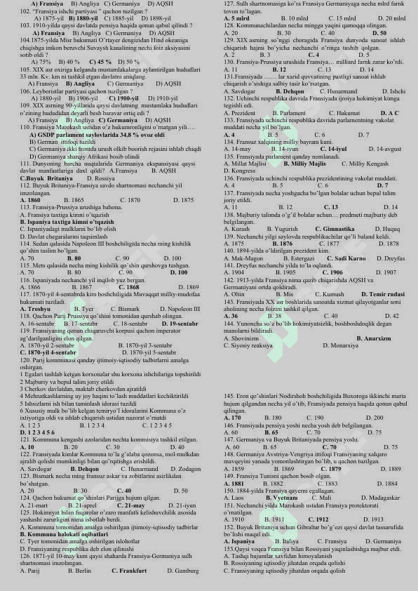 9-sinf Jahon tarixi test savollari to'plami 7