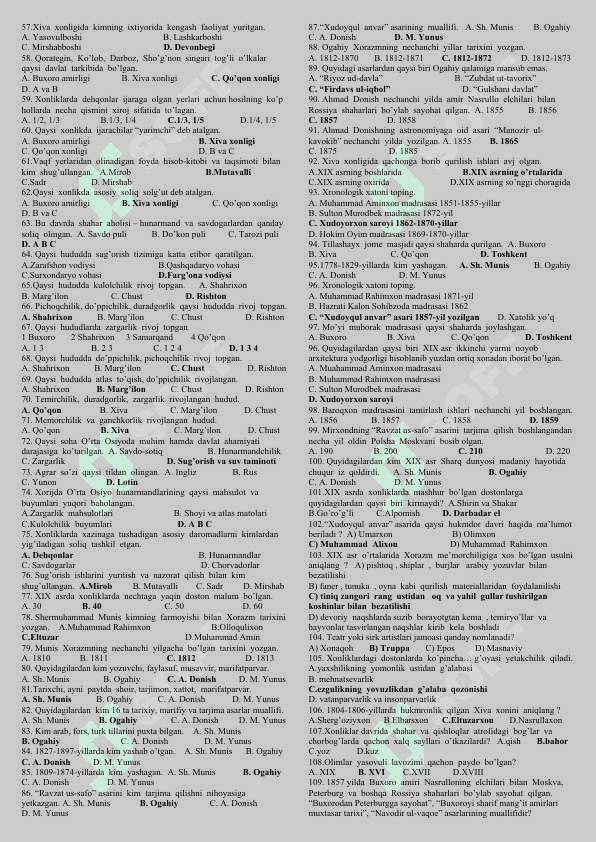 9-sinf O'zbekiston tarixi testlar 2