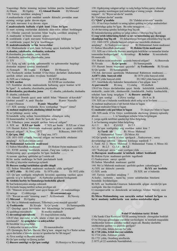 9-sinf O'zbekiston tarixi testlar 3