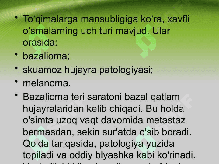 Teri saratoni, etiologiyasi , klinik namoyon bo‘lishi . Teri  melanomasi , etiologiyasi , klinik namoyon bòlishi 5
