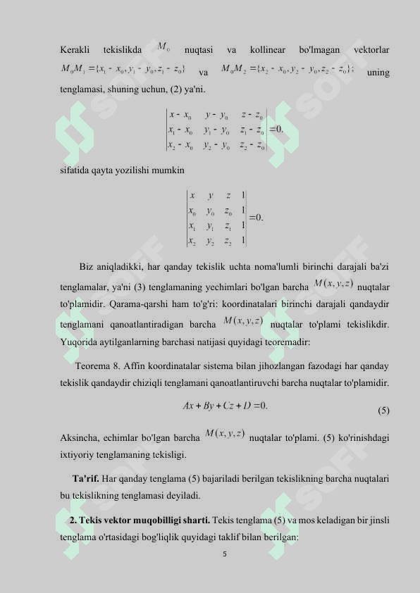 Fazoda to'g'ri va tekislik tenglamalari mavzusida kurs ishi 5
