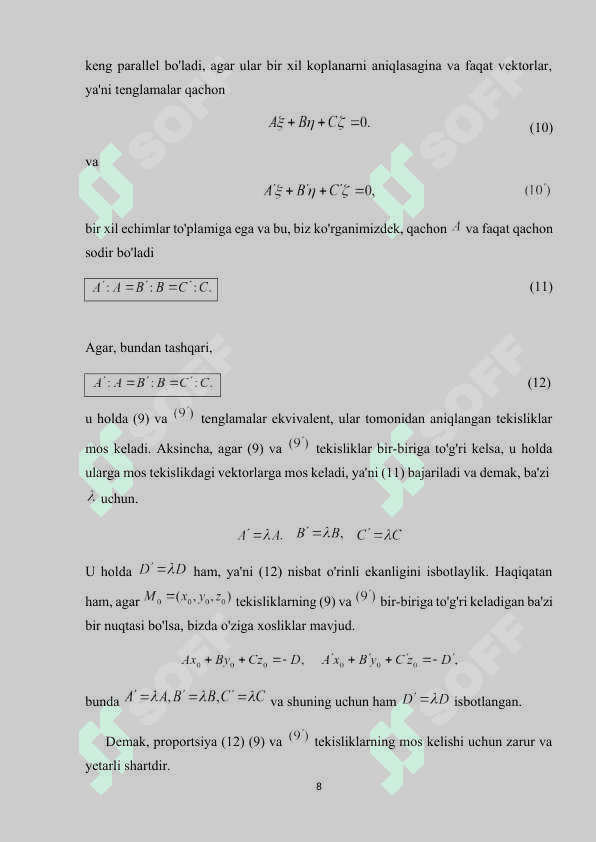 Fazoda to'g'ri va tekislik tenglamalari mavzusida kurs ishi 8