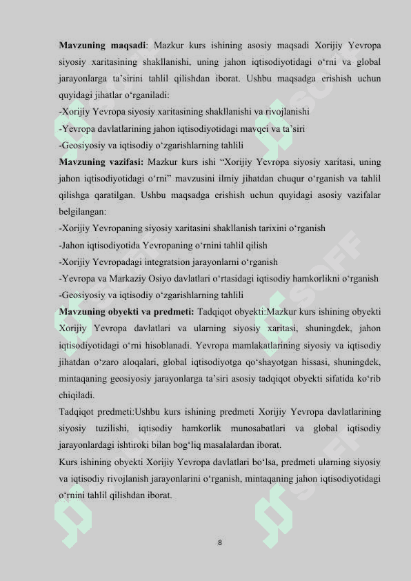 Xorijiy Yevropa siyosiy xaritasi, uning jahon iqtisodiyotidagi o'rni. 8