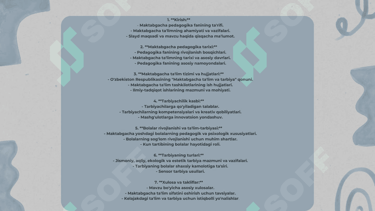 "Ilk va maktabgacha yoshdagi bolalar pedagogikasi" fanidan 2
