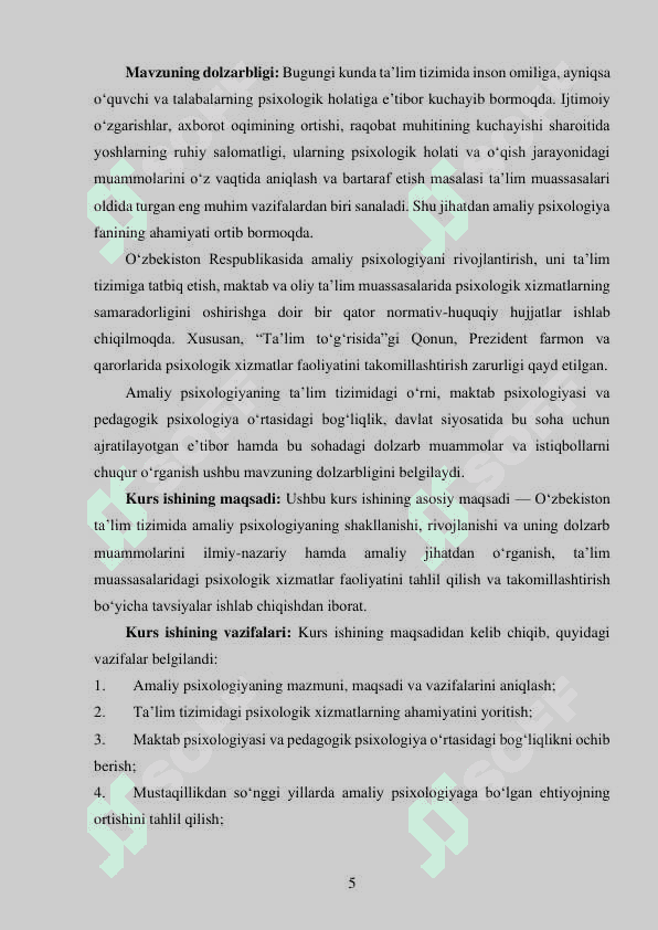 MAVZU: OʻZBEKISTON TAʼLIM TIZIMIDA AMALIY PSIXOLOGIYANING RIVOJLANISHI 5