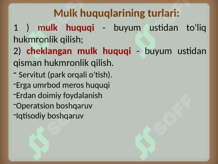 Mulk huquqi vujudga kelishi va  bekor  bo’lish asoslari, shakllari va asosiy tamoyillari. Mulk huquqi 5