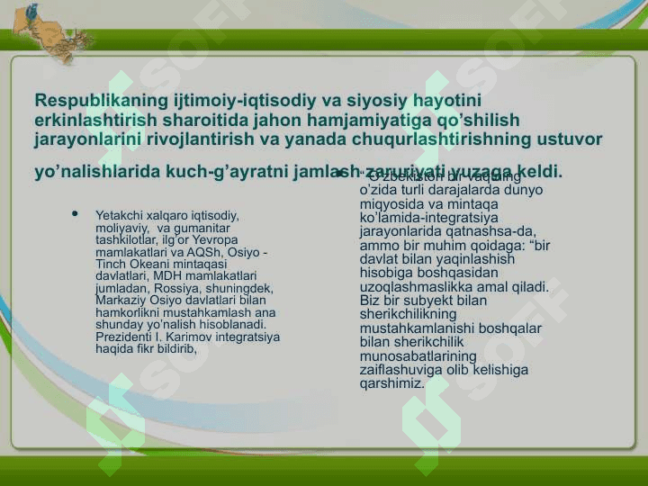 O’zbekistonda tashqi iqtisodiy aloqalarining ustuvor yo’nalishlariO’zbekistonda tashqi iqtisodiy aloqalarining ustuvor yo’nalishlari 6