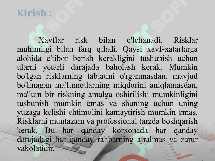 Risklarni boshqarishning mazmun-mohiyati, o’ziga xos xususiyatlari va boshqarish usullari 3