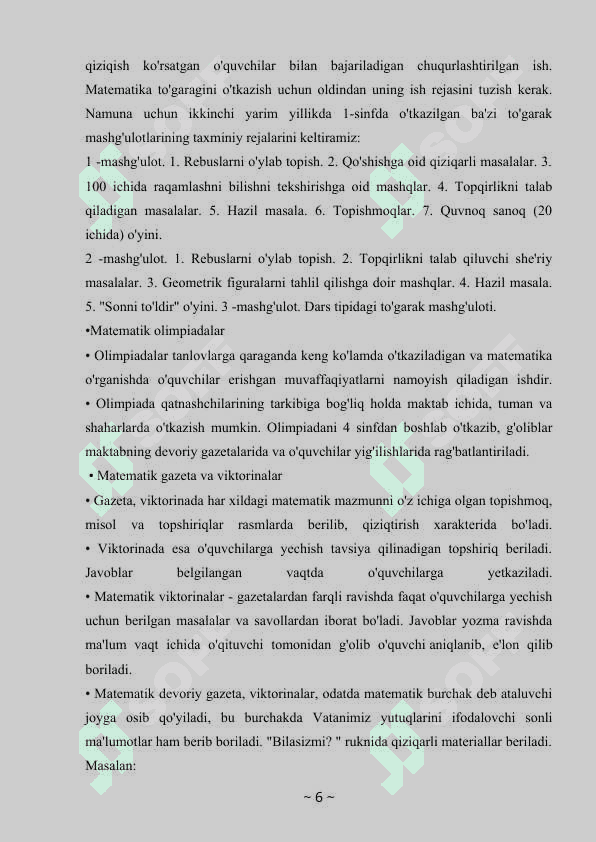 Matematika fanlaridan darsdan tashqari mashg’ulotlarni tashkil etish 6