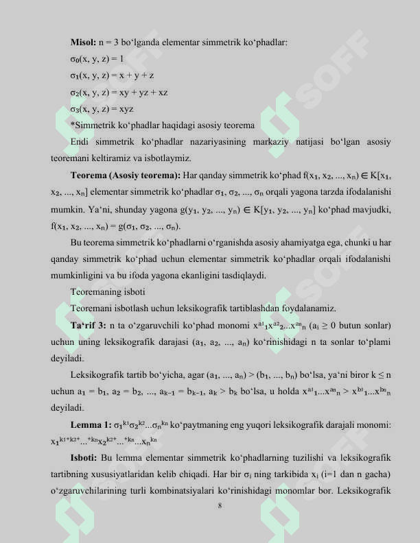 Matematika o'qitishda simmetrik ko'pxadlar va ularning tatbiqlari 8