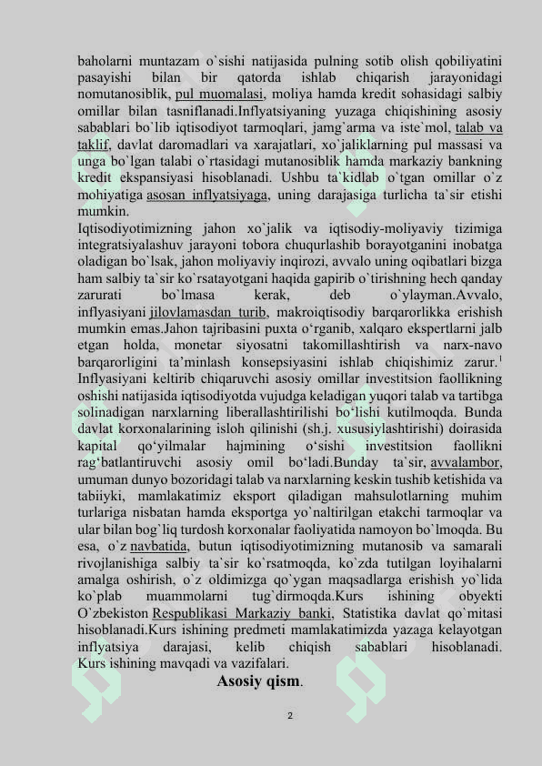 Inflyatsiyaning mohiyati va kelib chiqish  sabablari. 2