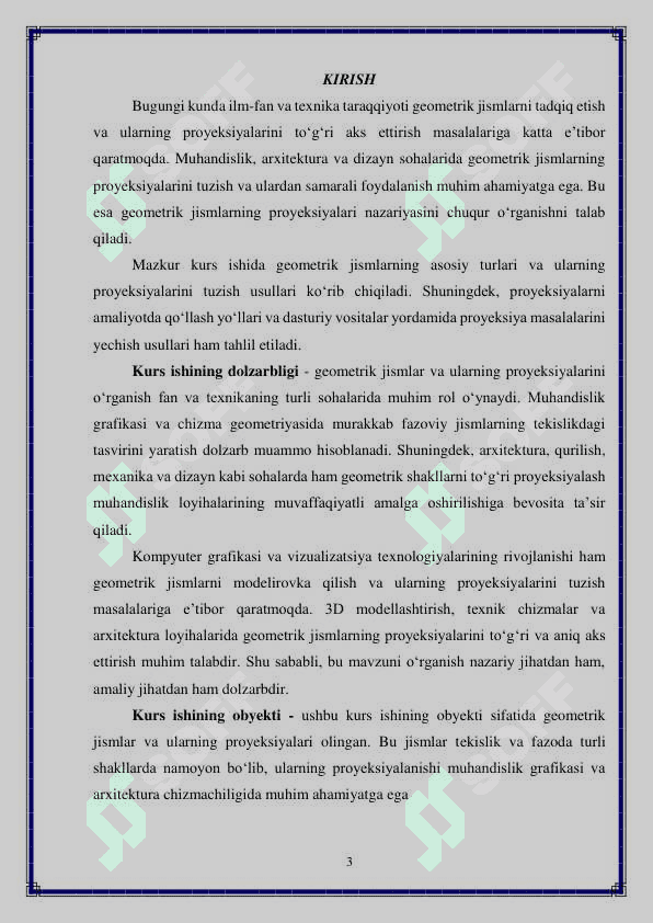 Geometrik jismlar va ularning proyeksiyalarini yasash 3