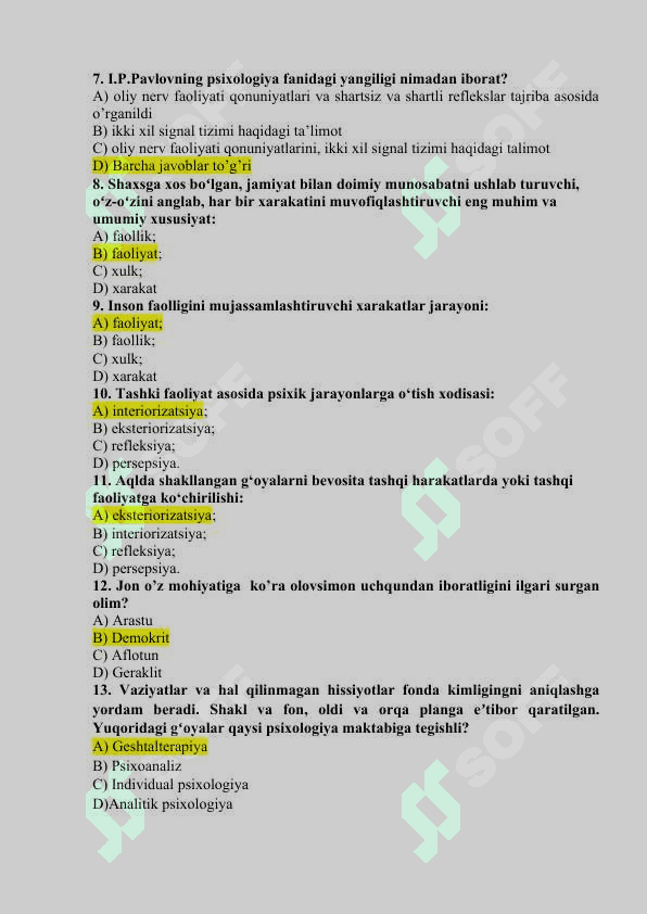 “Umumiy psixologiya” fanidan Yakuniy nazorat test savollari 2