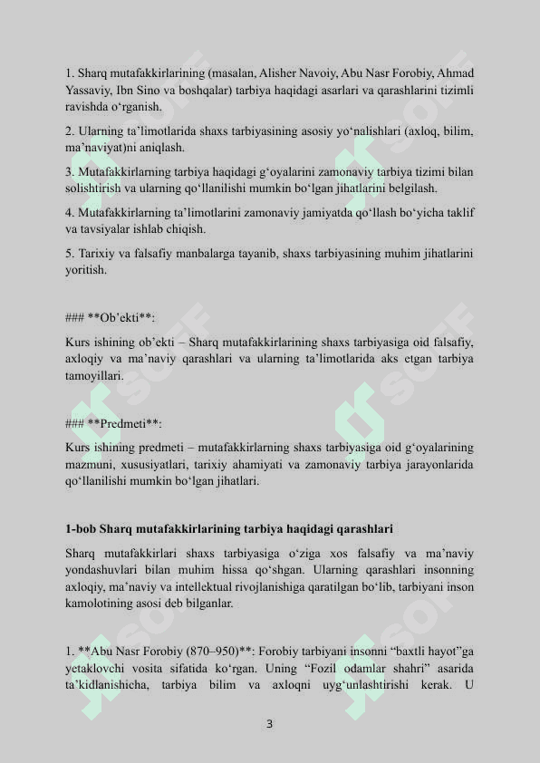 Mavzu nomi:Shaxs tarbiyasida mutafakkirlarning fikrlari. Kurs ishi asosan qoʻl yozma uchun malumot sifatida foydalanish uchun. 3