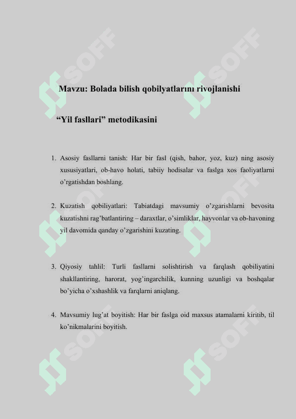 BOLADA BILISH QOBILYATLARINI RIVOJLANISHI  “YIL FASLLARI” METODIKASI 2