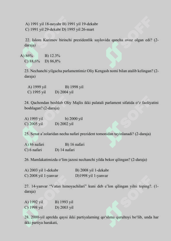 O’zbekistonning eng yangi tarixi fanidan test savollari (javoblarsiz) 6