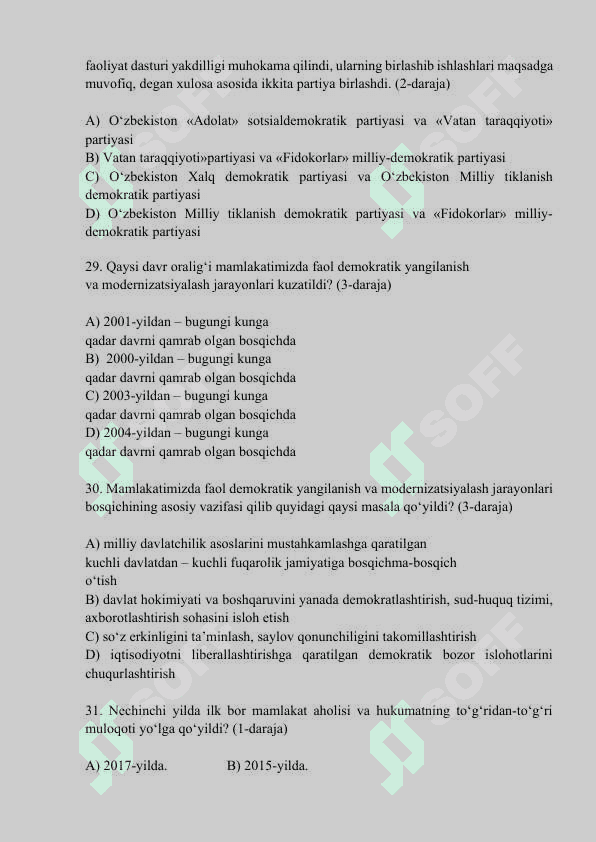 O’zbekistonning eng yangi tarixi fanidan test savollari (javoblarsiz) 7