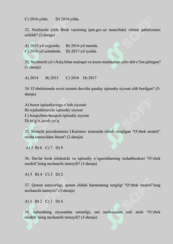 O’zbekistonning eng yangi tarixi fanidan test savollari (javoblarsiz) 8
