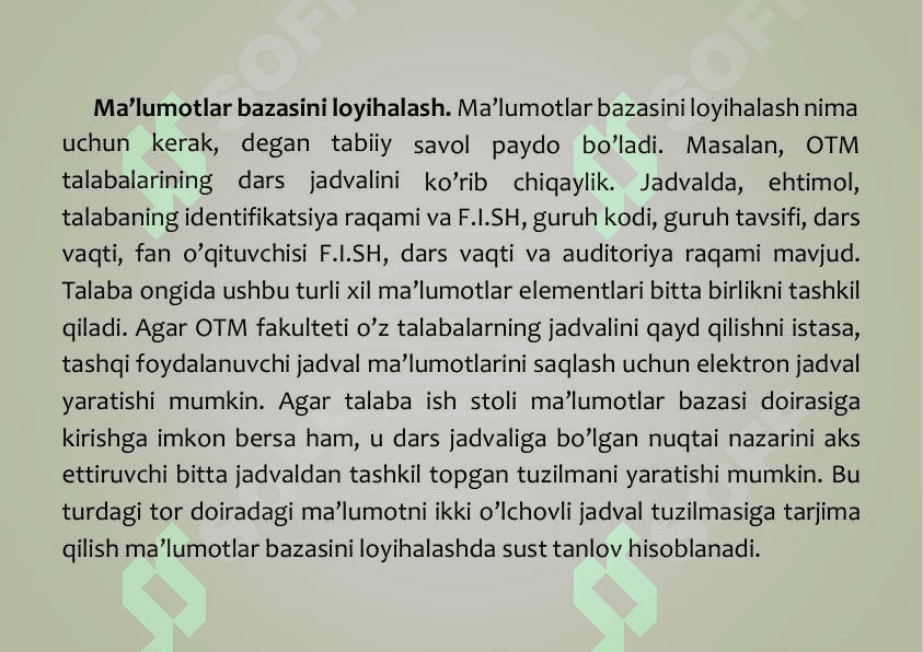MA’LUMOTLAR BAZASINI RЕJALASHTIRISH, LOYIHALASH VA  ADMINISTRATORLASH 2