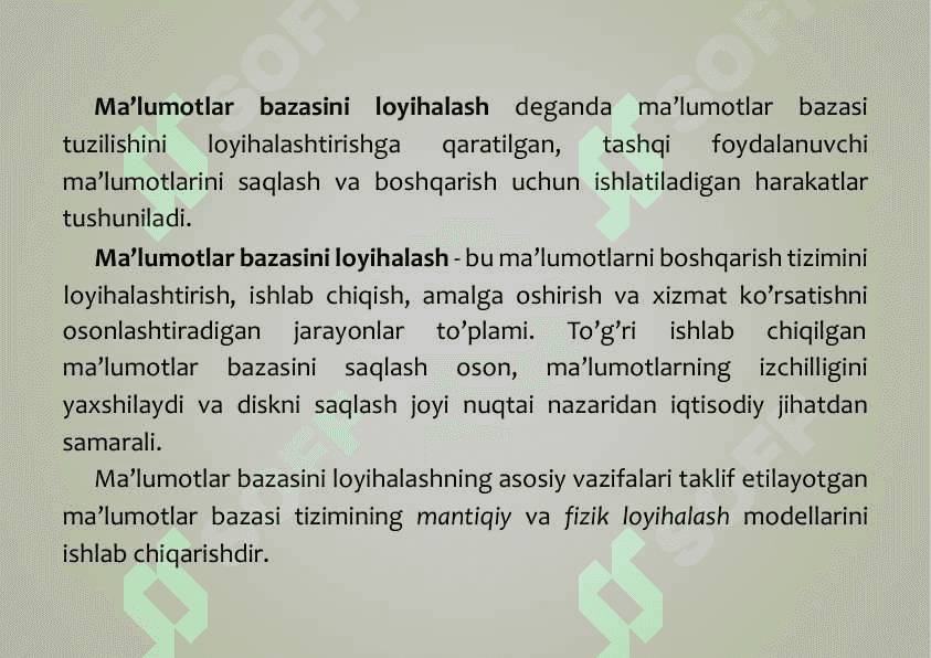 MA’LUMOTLAR BAZASINI RЕJALASHTIRISH, LOYIHALASH VA  ADMINISTRATORLASH 3