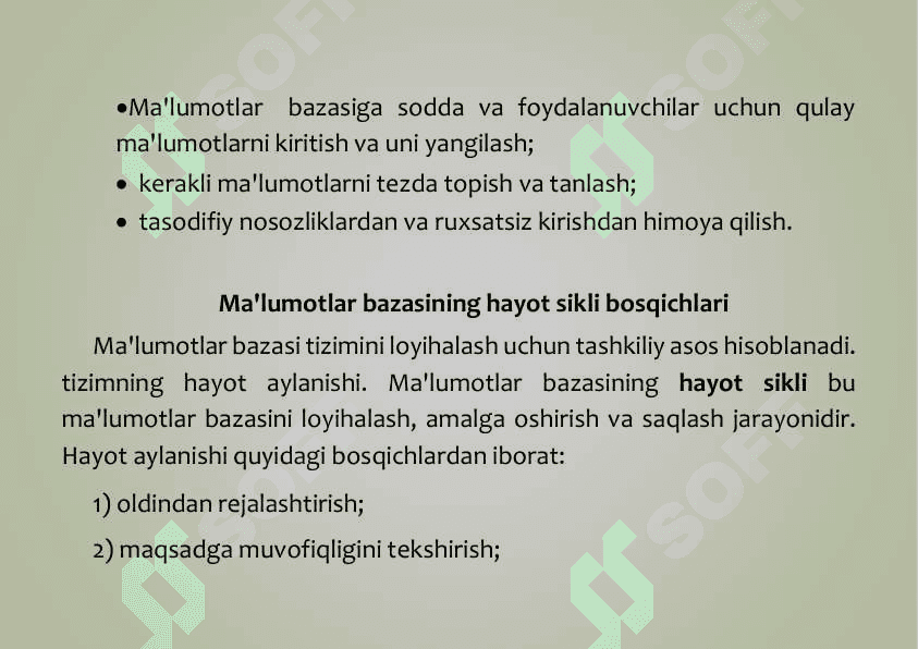 MA’LUMOTLAR BAZASINI RЕJALASHTIRISH, LOYIHALASH VA  ADMINISTRATORLASH 7