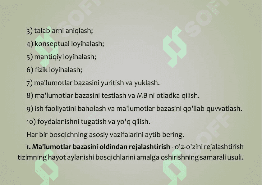 MA’LUMOTLAR BAZASINI RЕJALASHTIRISH, LOYIHALASH VA  ADMINISTRATORLASH 8