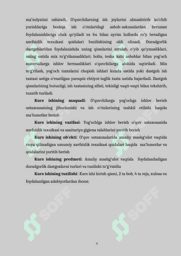 Yog’ochga ishlov berish ustaxonasining jihozlanishi va ish o‘rinlarining tashkil etilishi 4